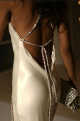 White Long Sheath Party Dress with Halter Neck, Front Slit and Beaded Bodice