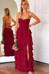 Pink Prom Dress with Spaghetti Straps, Tiered Ruffles, Lace-Up Back and Side Slit
