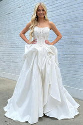 Stunning Ivory Strapless Ball Gown Prom Gown with Lace Corset Bodice