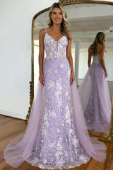 Chic Lavender Floral Embroidered Mermaid Prom Dress with Sheer Bodice & Train