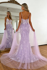 Chic Lavender Floral Embroidered Mermaid Prom Dress with Sheer Bodice & Train