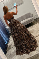 Chic Leopard Sweetheart Corset Prom Dress with Layered Ruffles