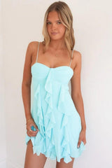 Dreamy Light Blue Ruffle Homecoming Dress with Thin Straps and Soft A Line Shape