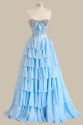 Light Blue Strapless Beaded Bustier Prom Dress with Multi-Tiered Ruffle Ball Gown Skirt