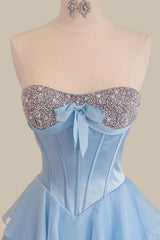 Light Blue Strapless Beaded Bustier Prom Dress with Multi-Tiered Ruffle Ball Gown Skirt