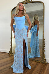 Elegant Light Blue Strapless Lace Corset Mermaid Prom Dress with Side Slit and Bow Back