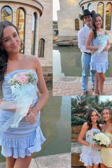 Chic Strapless Light Blue Hoco Dress with Ruched Bodice and Ruffle Hem