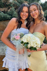 Chic Strapless Light Blue Hoco Dress with Ruched Bodice and Ruffle Hem