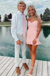 Trendy Light Pink Bodycon Hoco Dress with V-Neckline, Ruching and Ruffled Hem