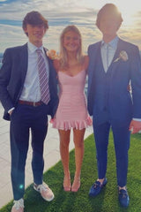 Trendy Light Pink Bodycon Hoco Dress with V-Neckline, Ruching and Ruffled Hem