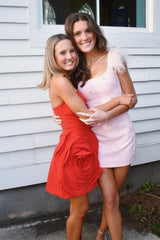 Light Pink Mini Hoco Dress with Delicate Feather Strap Detail