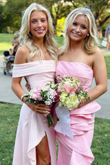Chic Light Pink Mermaid Prom Dress with Off-Shoulder Bodice and Ruffled Side Slit