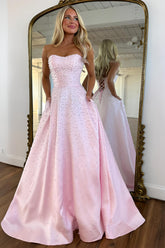 Romantic Light Pink Strapless A-Line Prom Gown with Beads and Corset Back Design