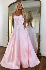 Romantic Light Pink Strapless A-Line Prom Gown with Beads and Corset Back Design
