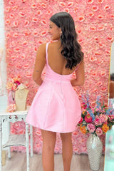 Cute Light Pink Mini Homecoming Dress with Open Back and Flared Skirt