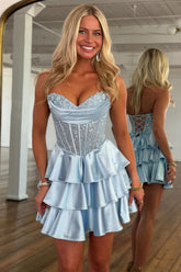 Chic Sweetheart Hoco Dress with Lace Corset Top and Layered Tiered Skirt