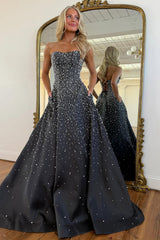 Romantic Light Pink Strapless A-Line Prom Gown with Beads and Corset Back Design