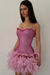 Chic Short Bodycon Homecoming Dress with Beaded Bodice and Feather Detail