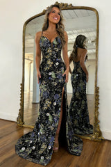 Stunning Black Floral Lace-Up Sequin Prom Gown with Plunge Neckline and Slit