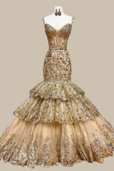 Luxury Gold Sequin Corset Mermaid Prom Dress with Tiered Ruffle Skirt