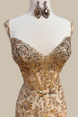 Luxury Gold Sequin Corset Mermaid Prom Dress with Tiered Ruffle Skirt