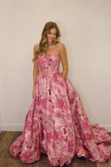 Pink Floral Jacquard Strapless Corset A-Line Prom Ball Gown
