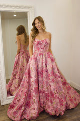 Pink Floral Jacquard Strapless Corset A-Line Prom Ball Gown