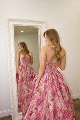 Pink Floral Jacquard Strapless Corset A-Line Prom Ball Gown