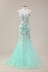 Mint Green Spaghetti Straps Sequin Corset Mermaid Prom Dress with Tulle Skirt
