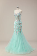 Mint Green Spaghetti Straps Sequin Corset Mermaid Prom Dress with Tulle Skirt