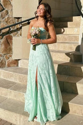 Mint Green Strapless Evening Prom Dress with Textured Fabric and Front Slit