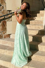 Mint Green Strapless Evening Prom Dress with Textured Fabric and Front Slit