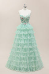 Mint Green Tiered Tulle Lace Up Ball Gown with Floral Corset Bodice