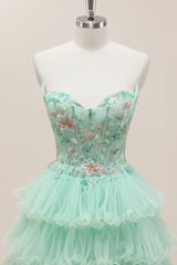 Mint Green Tiered Tulle Lace Up Ball Gown with Floral Corset Bodice