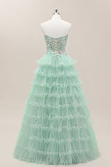Mint Green Tiered Tulle Lace Up Ball Gown with Floral Corset Bodice