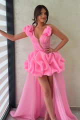 Chic Neon Pink Evening Gown with One-Shoulder Floral Detail and High-Low Hem