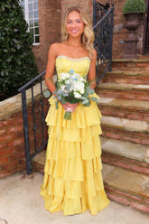 Yellow Strapless Prom Gown with Tiered Ruffle Skirt and Beaded Neckline