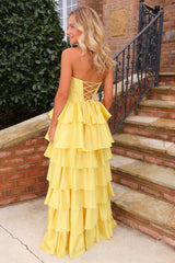 Yellow Strapless Prom Gown with Tiered Ruffle Skirt and Beaded Neckline