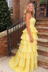 Yellow Strapless Prom Gown with Tiered Ruffle Skirt and Beaded Neckline