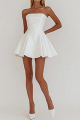 Classic White A Line Graduation Dress with Strapless Bodice and Smooth Satin Finish