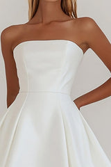 Classic White A Line Graduation Dress with Strapless Bodice and Smooth Satin Finish