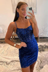 Chic Glitter Mini Homecoming Dress with Spaghetti Straps and Figure Hugging Shape
