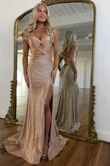 Romantic Pearl-Embellished Mermaid Prom Gown with Cutout Front & Lace-Up Back