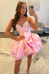 Elegant Pink Bubble Hem Homecoming Dress with Rhinestone Corset and Bow Detail
