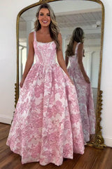 Stunning Pink Floral Corset Prom Dress with Pearl Beaded Shoulder Straps