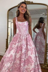 Stunning Pink Floral Corset Prom Dress with Pearl Beaded Shoulder Straps