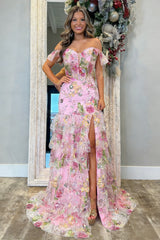 Romantic Pink Floral Mermaid Prom Dress with Off-Shoulder Corset and High Slit