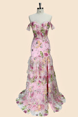 Romantic Pink Floral Mermaid Prom Dress with Off-Shoulder Corset and High Slit