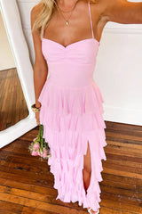 Pink Prom Dress with Spaghetti Straps, Tiered Ruffles, Lace-Up Back and Side Slit