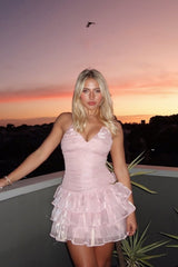 Pink Backless Mini Homecoming Dress with Halter Neck and Tiered Ruffles
